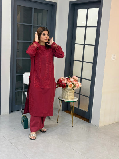 Maroon Chickankari 2 Piece Suit Elegance Redefined